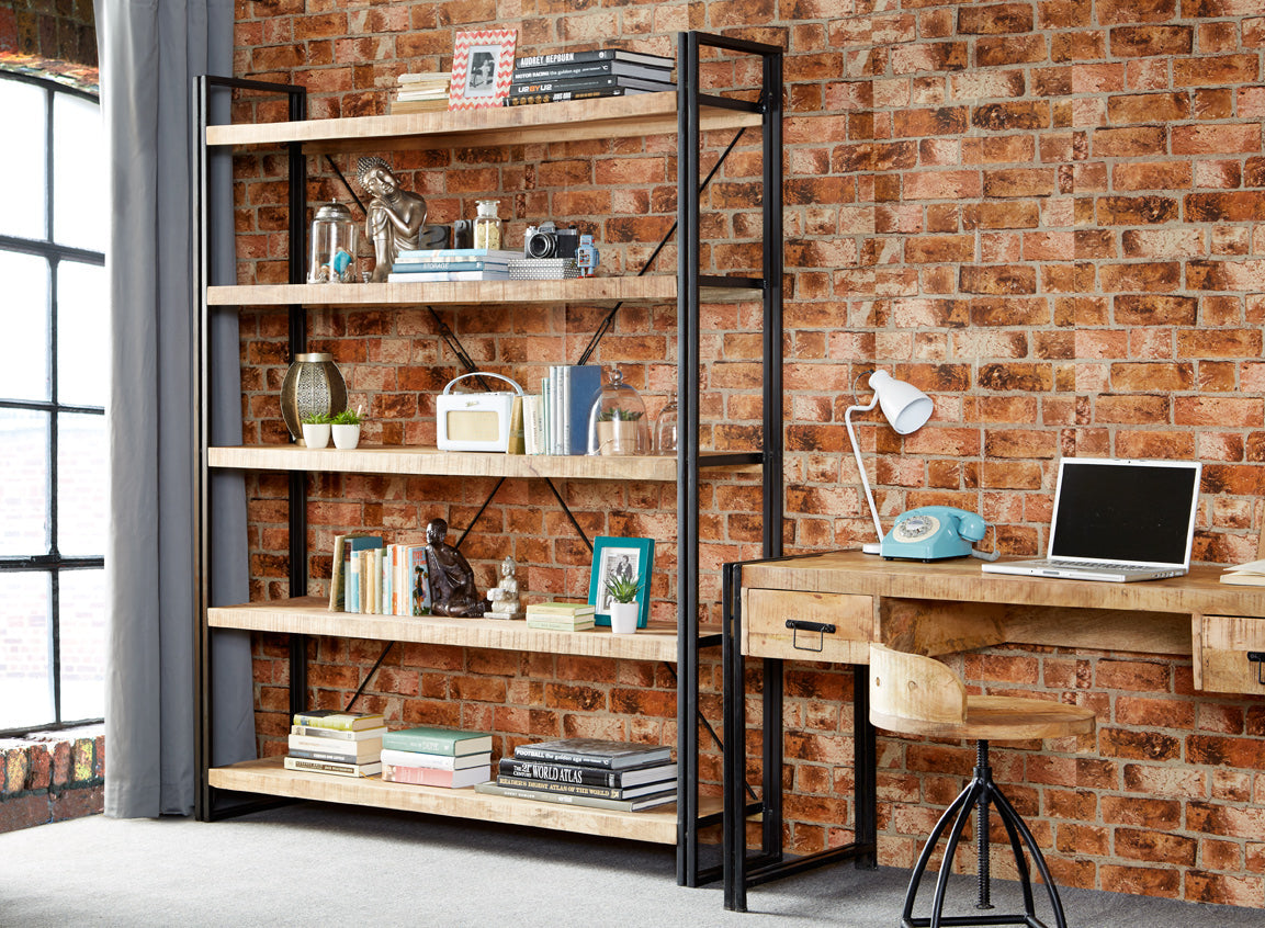 Cosmo Industrial Large Open Bookcase in natural wood and metal finish