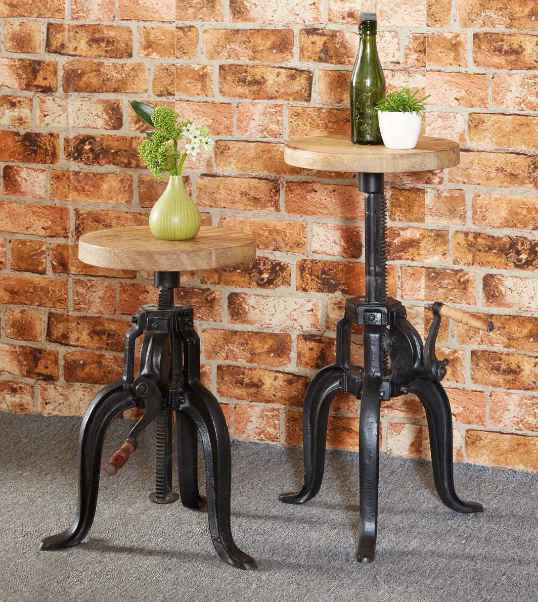 Cosmo Industrial Small Crank Table made of wood and metal with adjustable height