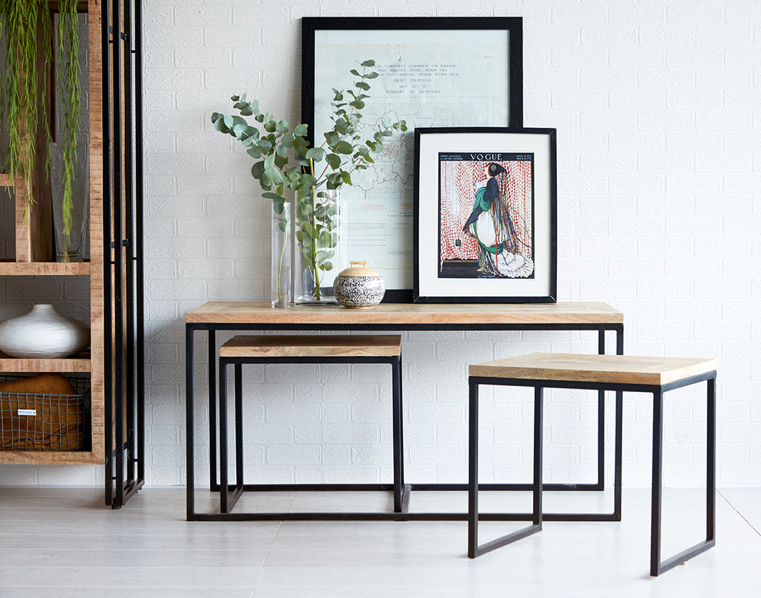 Cosmo Industrial Coffee Table Set made of reclaimed wood and metal, showcasing natural grain and banded iron edges.
