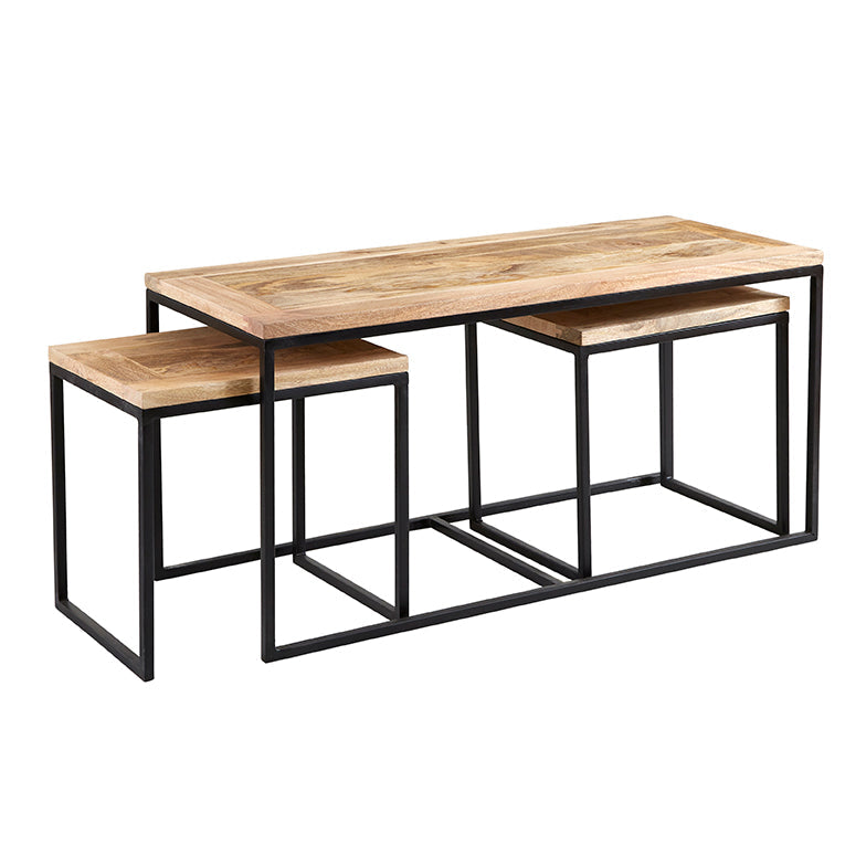 Cosmo Industrial Coffee Table Set made of reclaimed wood and metal, showcasing natural grain and banded iron edges.