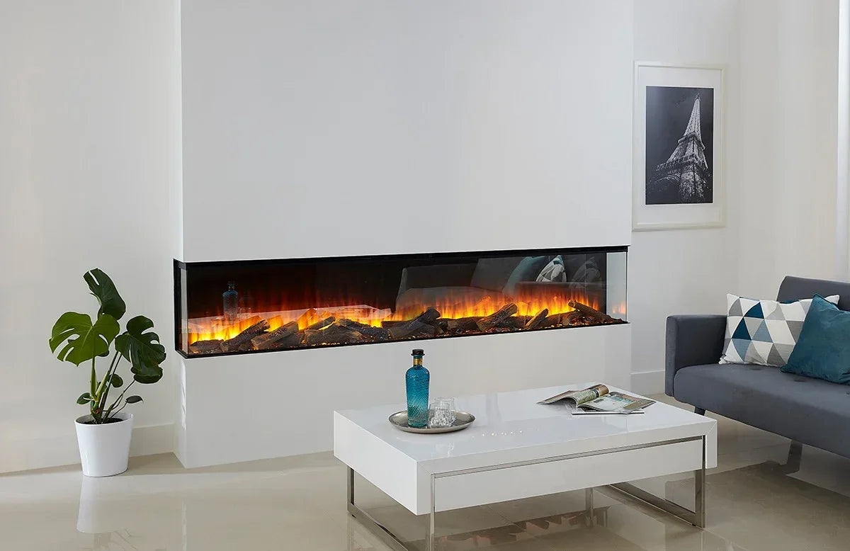 Three-sided electric fireplace with realistic logs in modern living room