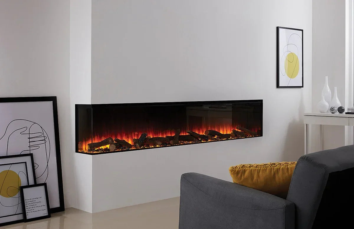 Corner electric fireplace with realistic flame effect in modern living room setting