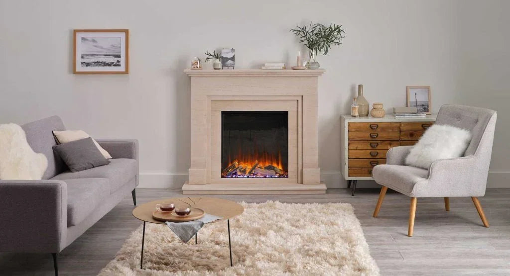 Modern living room with grey sofa, accent chair, electric fireplace and shaggy rug