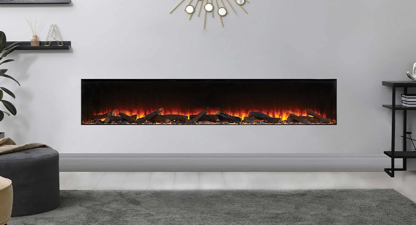 Wall mounted electric fireplace with glowing log effect in modern living room setting