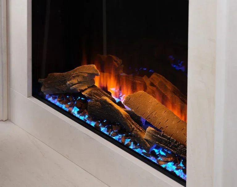 modern electric fireplace with realistic log set and blue ember lighting, close-up angle