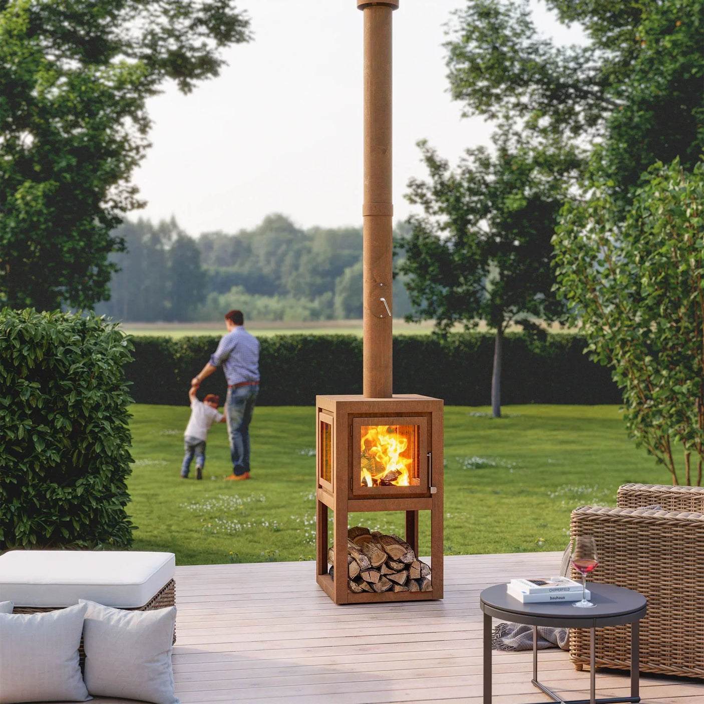 Outdoor wood burning stove with fire on patio, logs stored underneath, wicker seating nearby