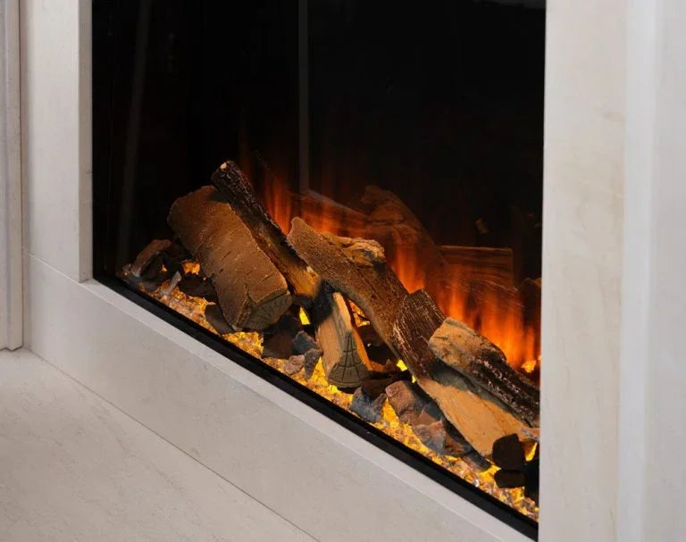 Close-up electric fireplace with realistic log effect and glowing ember bed