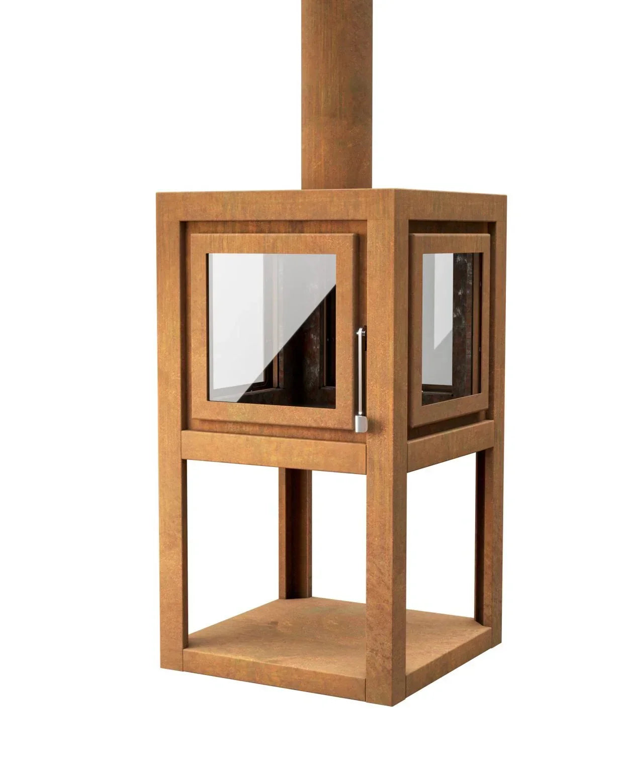 Rust effect outdoor wood burning stove with glass door and chimney, side view