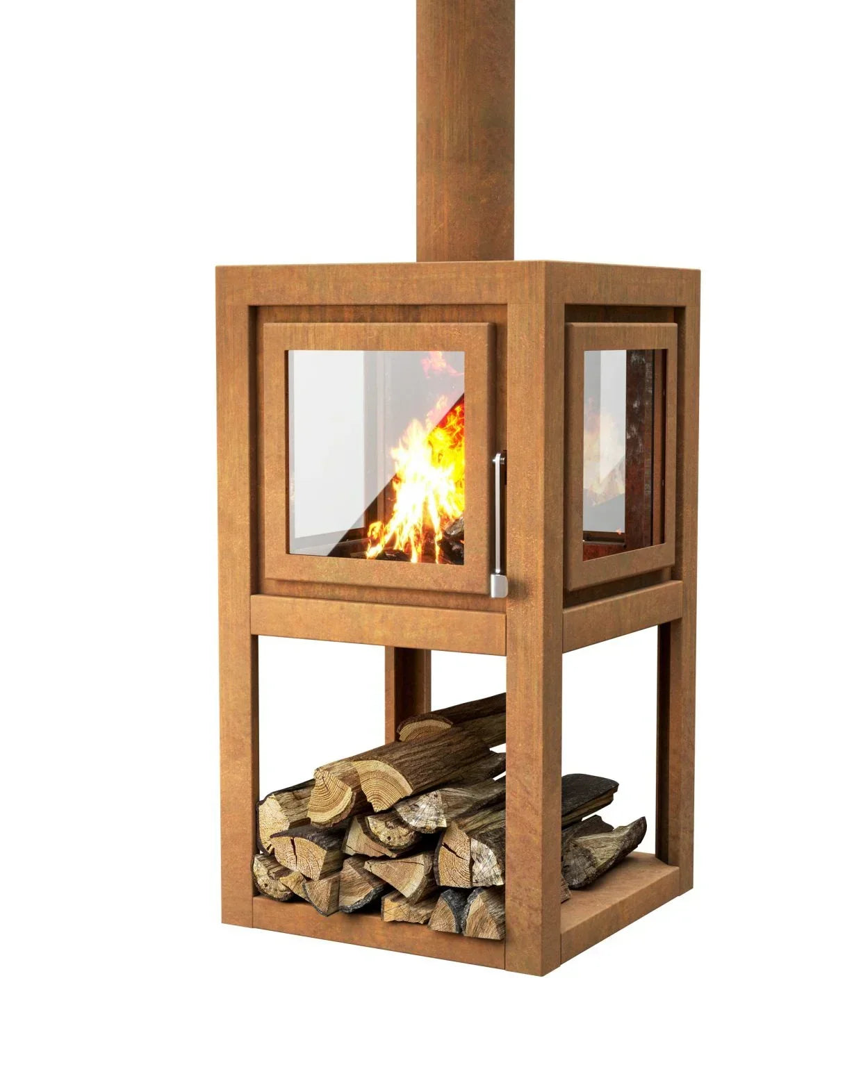 Modern corten steel outdoor wood burner with glass panels and built-in log storage