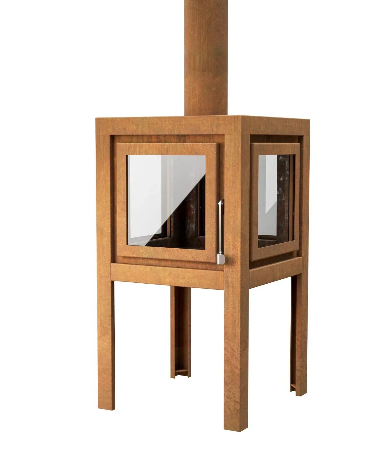 Square outdoor wood burning stove in rust finish with glass door and chimney