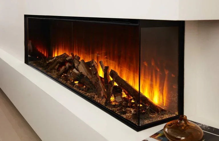 Modern electric fireplace with realistic log display and glass enclosure set in white wall