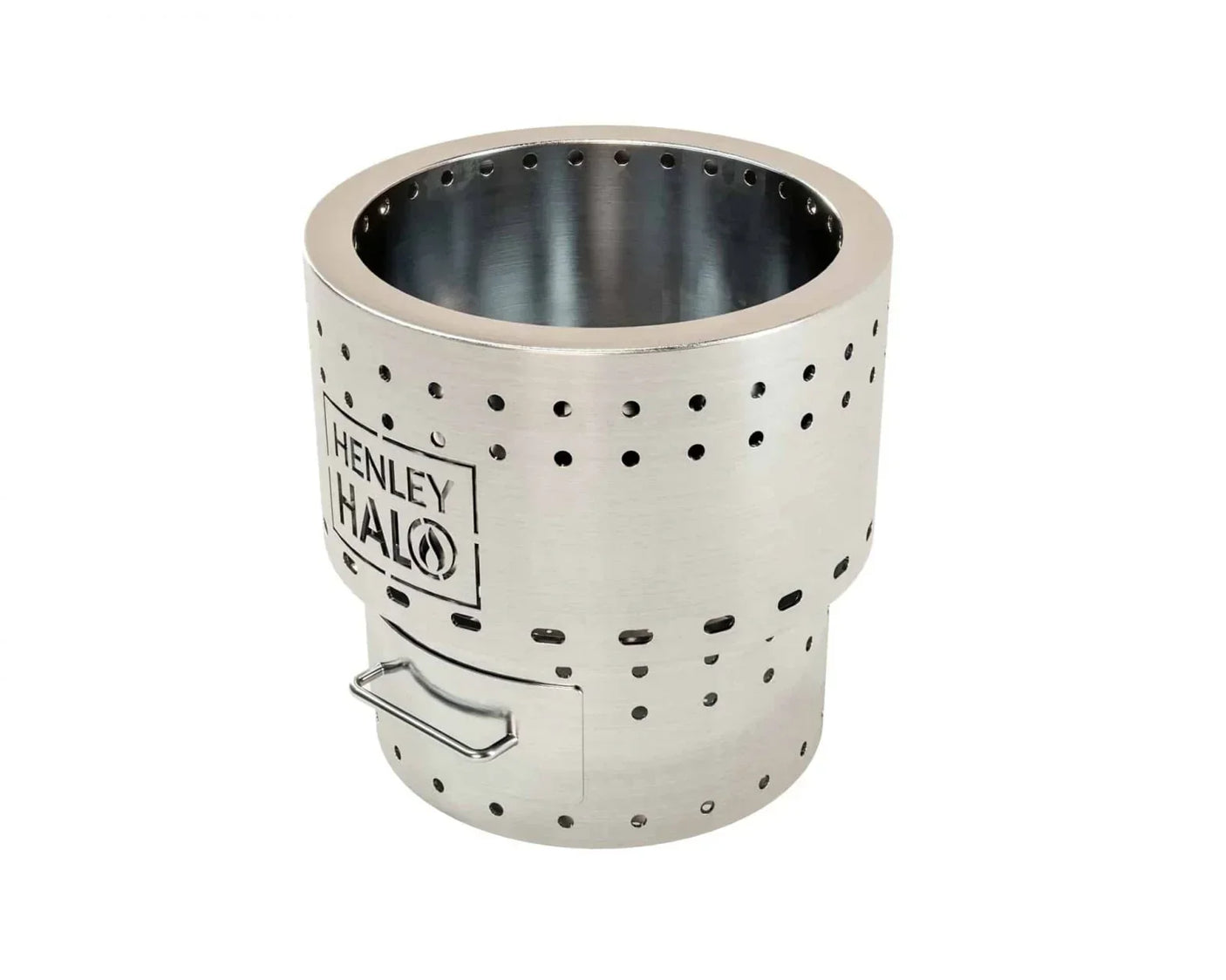 Henley Halo stainless steel fire pit with perforated sides and front handle