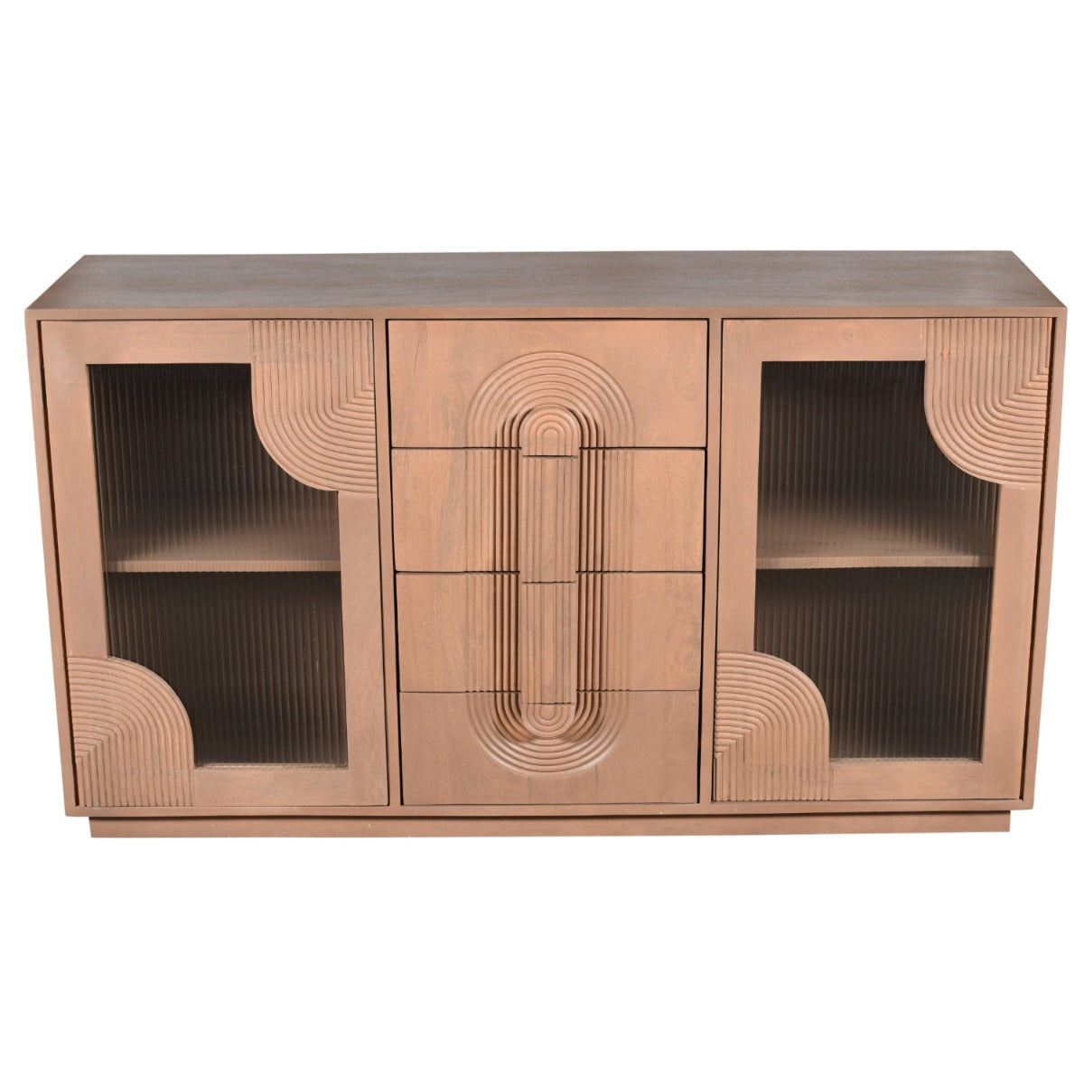 Indus solid wooden small sideboard in pale taupe with fluted glass doors