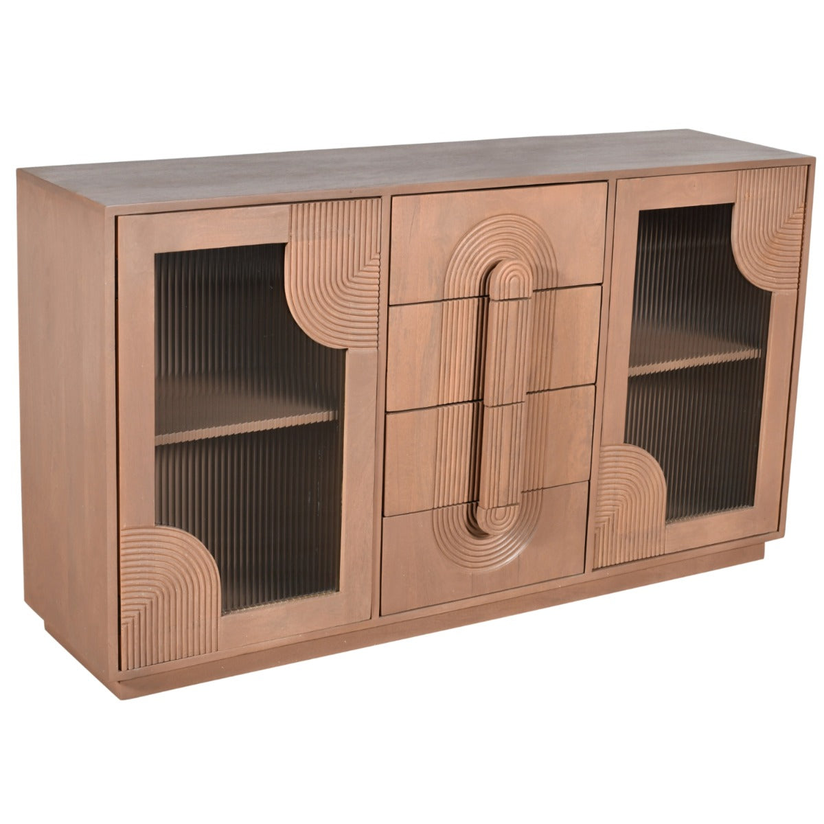 Indus solid wooden small sideboard in pale taupe with fluted glass doors