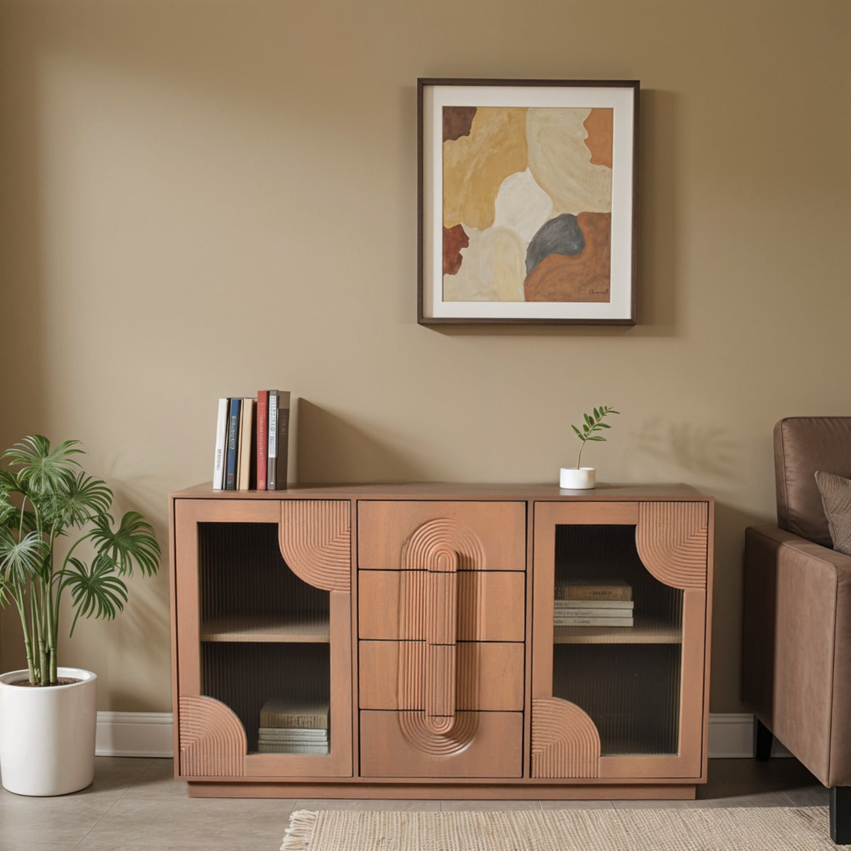 Indus solid wooden small sideboard in pale taupe with fluted glass doors