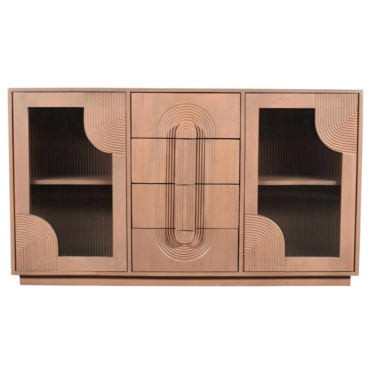 Indus solid wooden small sideboard in pale taupe with fluted glass doors