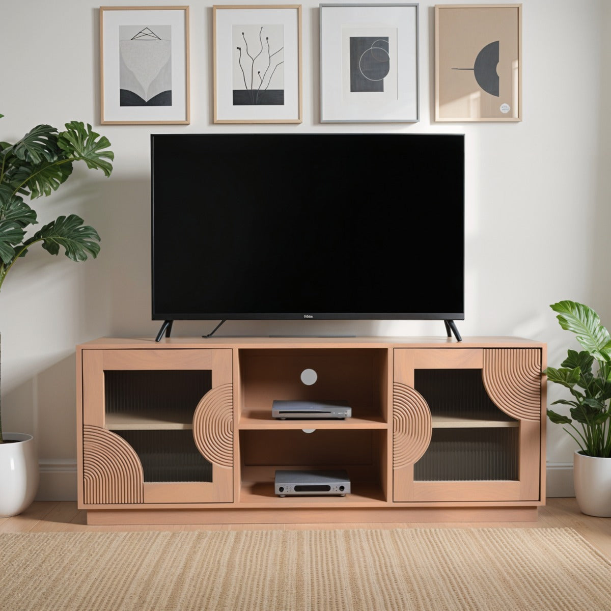 Elegant Indus Solid Wood TV Cabinet in pale taupe finish