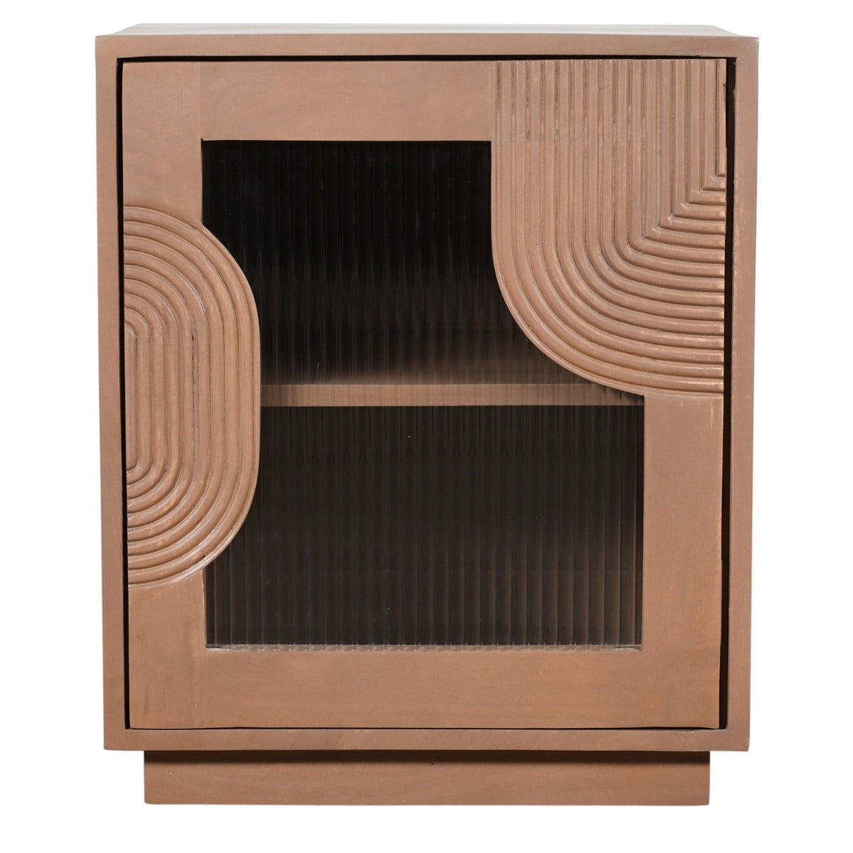 Indus solid wood bedside table with fluted glass panels in pale taupe finish