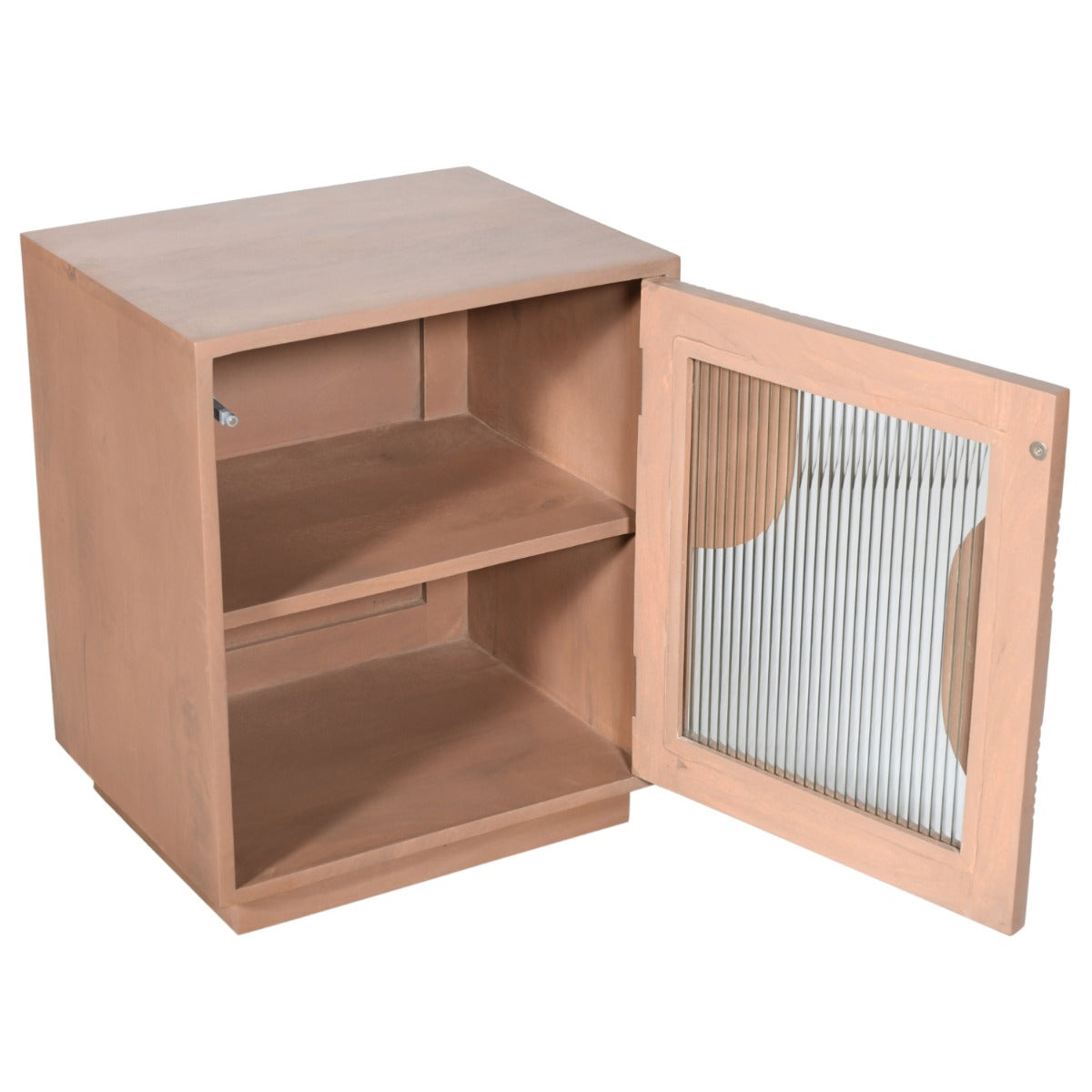 Indus solid wood bedside table with fluted glass panels in pale taupe finish
