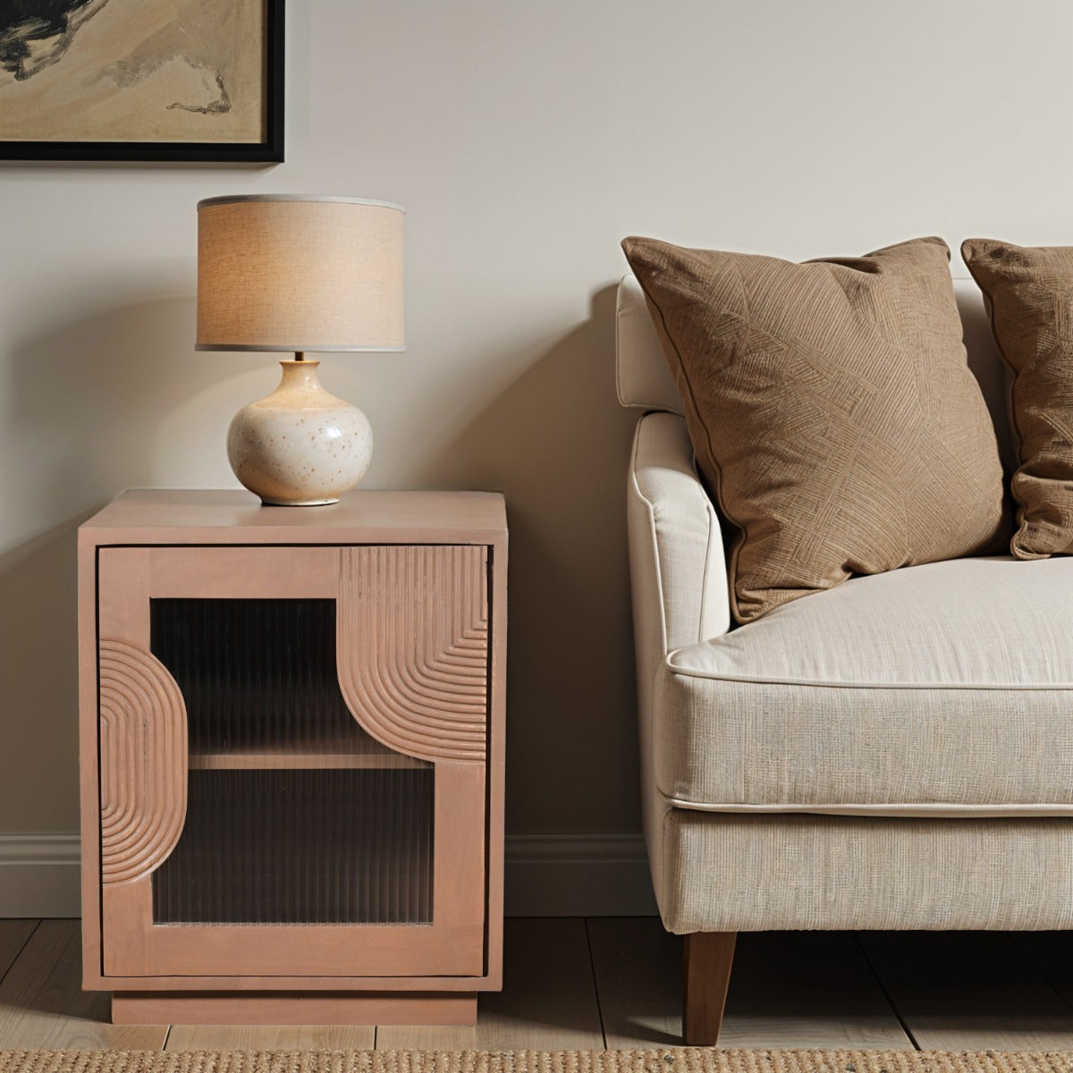 Indus solid wood bedside table with fluted glass panels in pale taupe finish