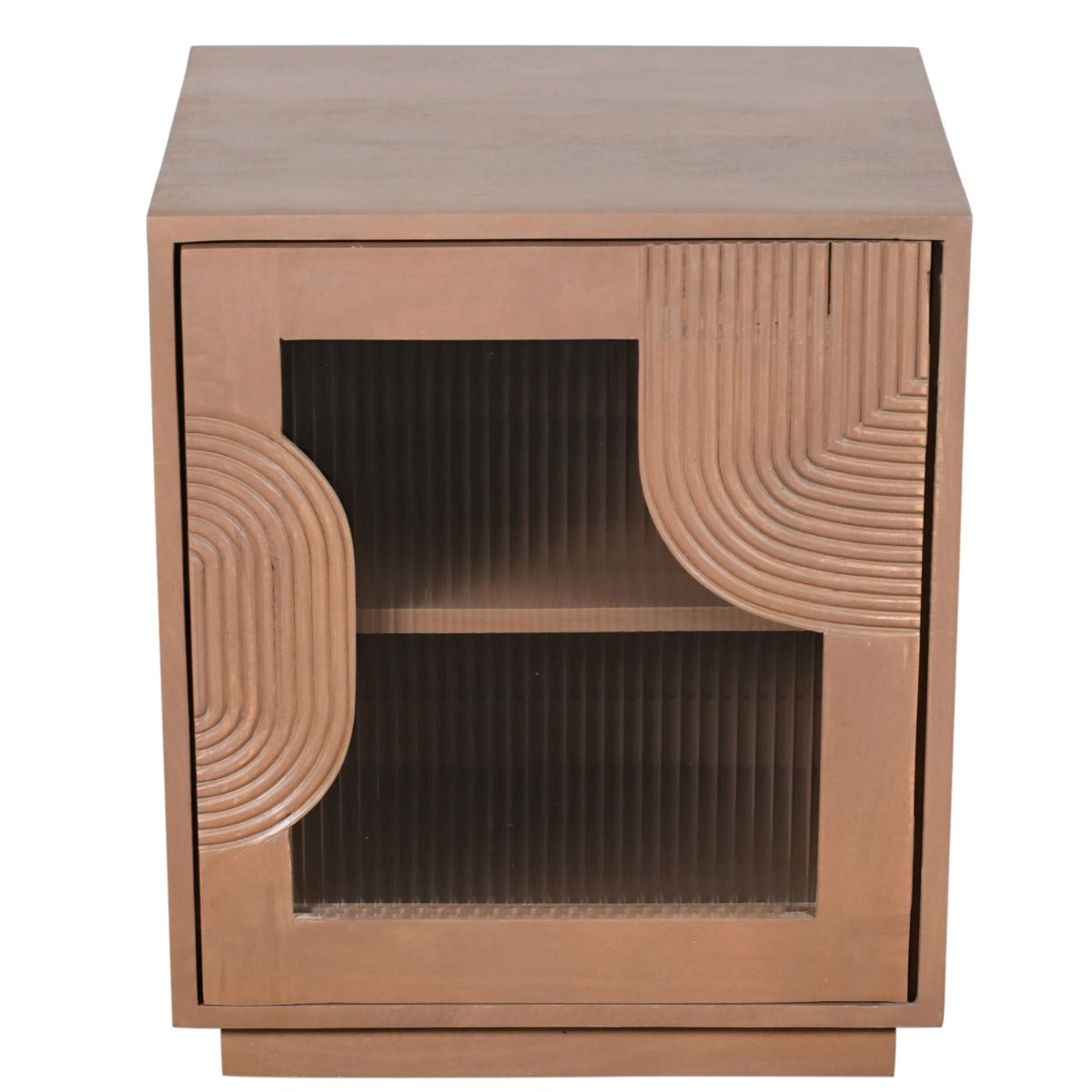 Indus solid wood bedside table with fluted glass panels in pale taupe finish