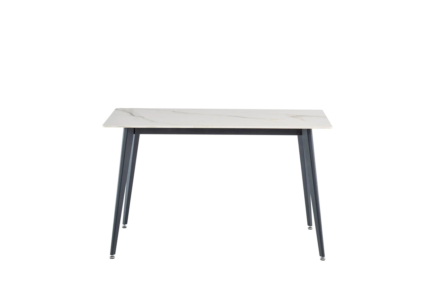 Rectangular dining table with white marble effect top and slim black metal legs