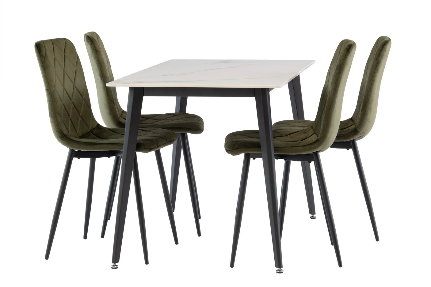 Modern dining set with white rectangular table and four green velvet chairs with metal legs