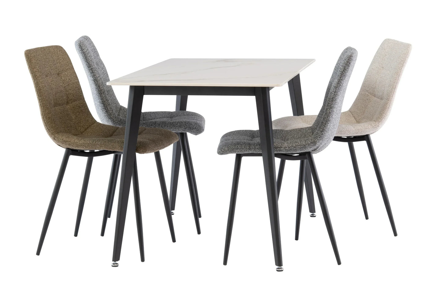 Modern dining table set with four fabric chairs in mixed neutral tones and black metal legs