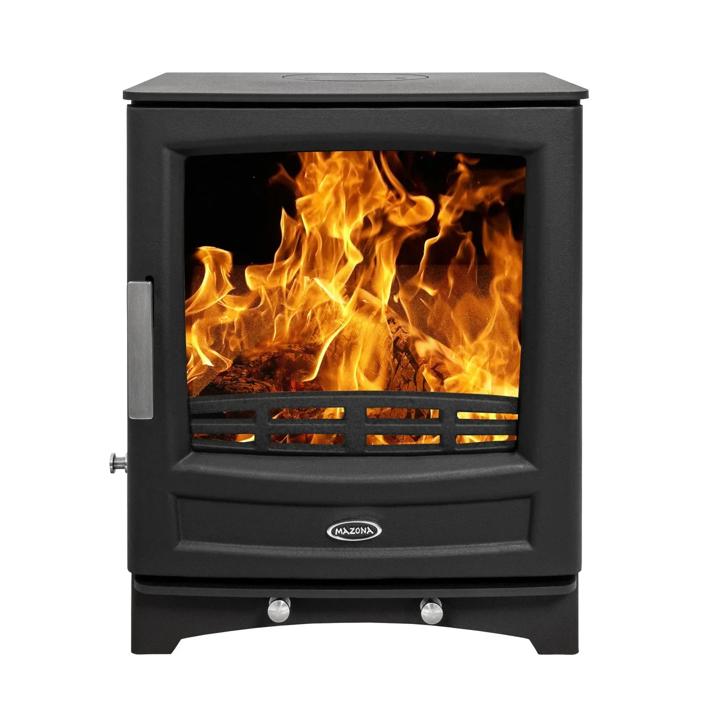 Black wood burning stove with visible fire and logs through glass front panel