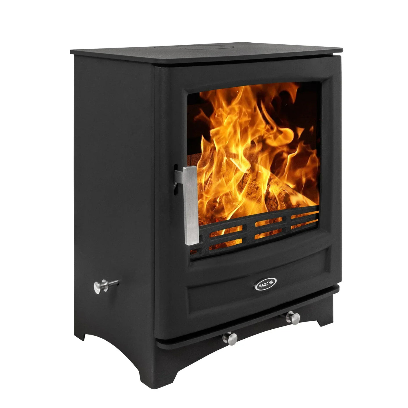Black wood burning stove with glass door showing flames, modern steel handle and controls