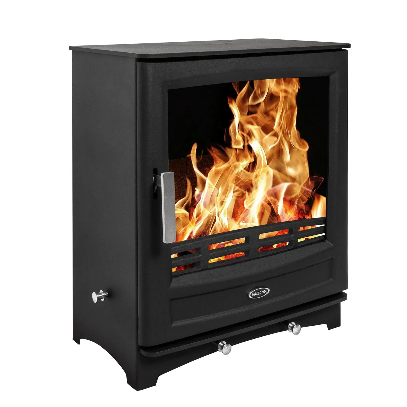 Black wood burning stove with glass door showing flames, front and side view