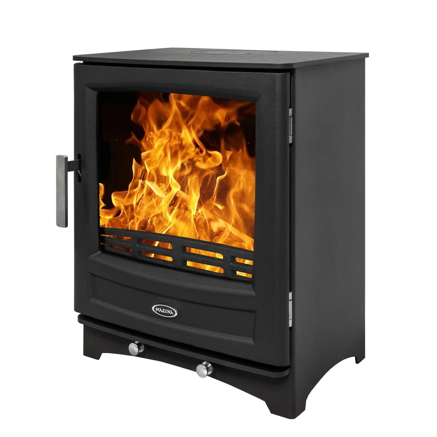 black wood burning stove with glass door, metal handle and visible flames inside