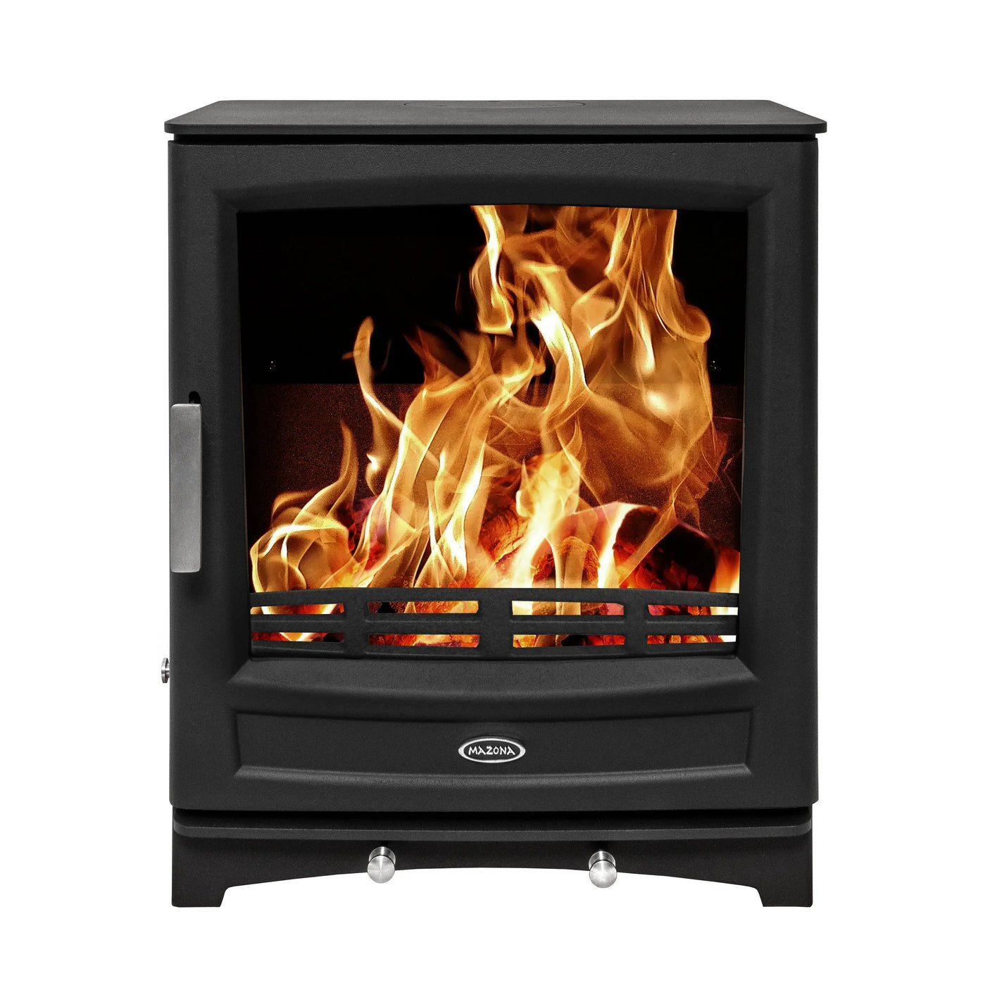 Black wood-burning stove with visible flames and metal handle, front view