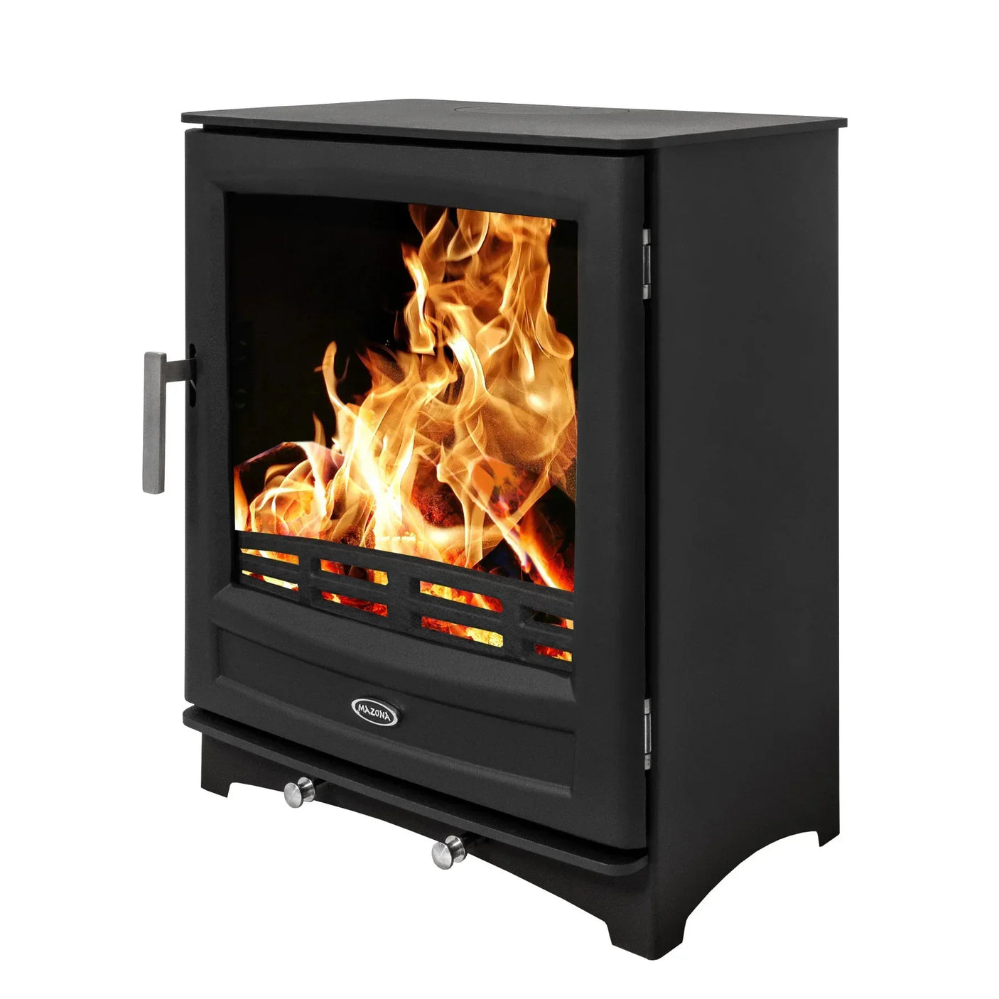 Black wood burning stove with glass door showing flames, angled front side view
