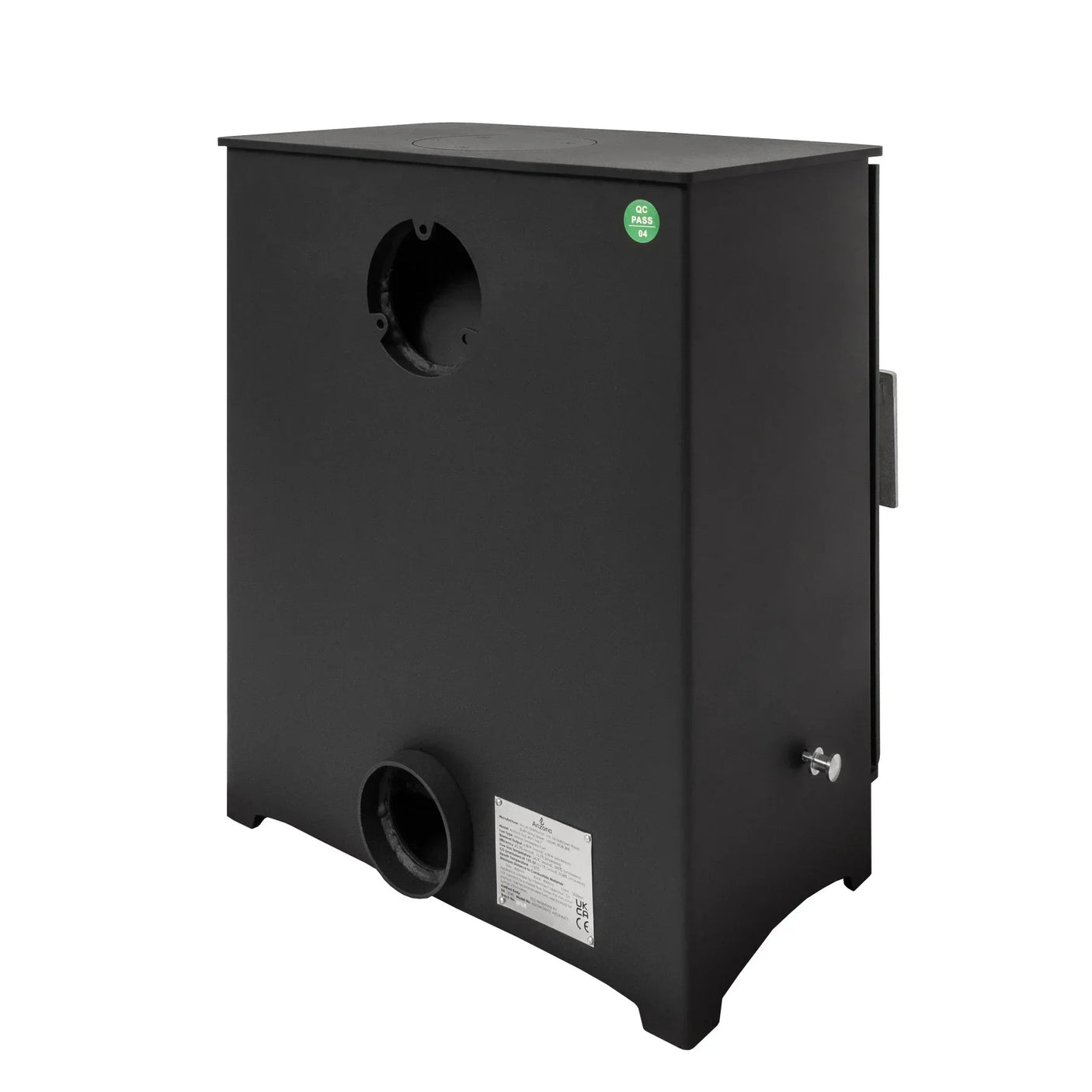 Black stove body angle view showing flue outlet and metal construction