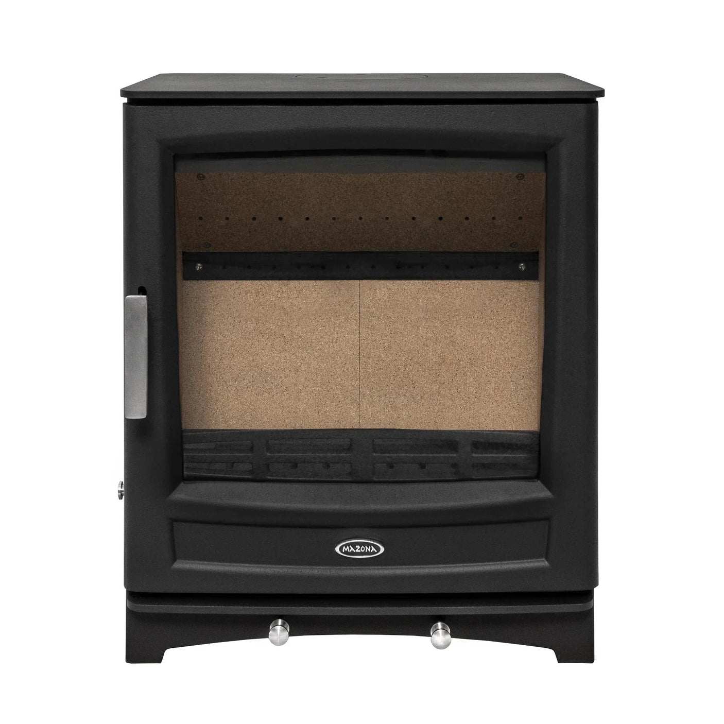 Black freestanding stove with glass front and metal handle, viewed from the front