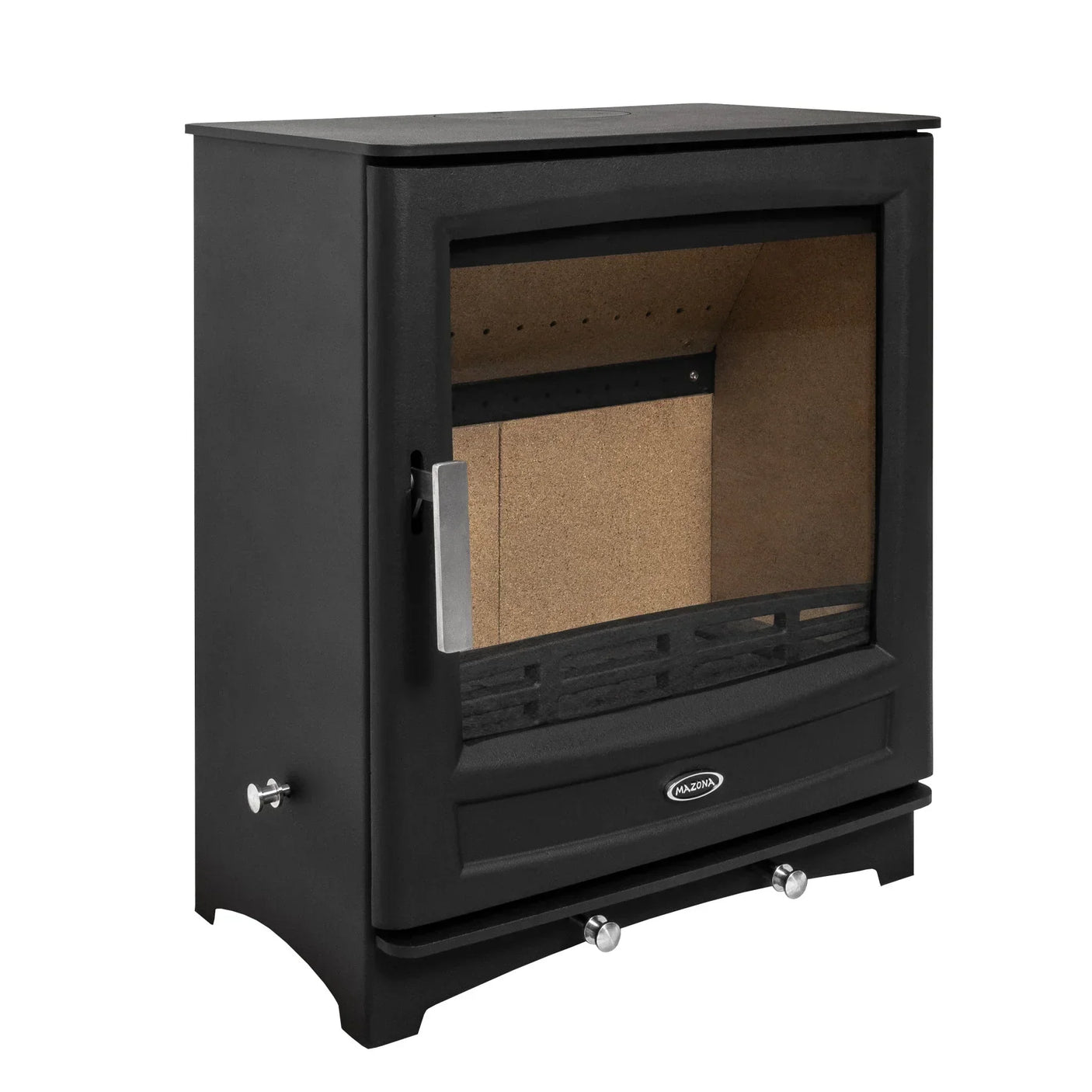 Black wood burning stove with glass front and metal handle, angled side view