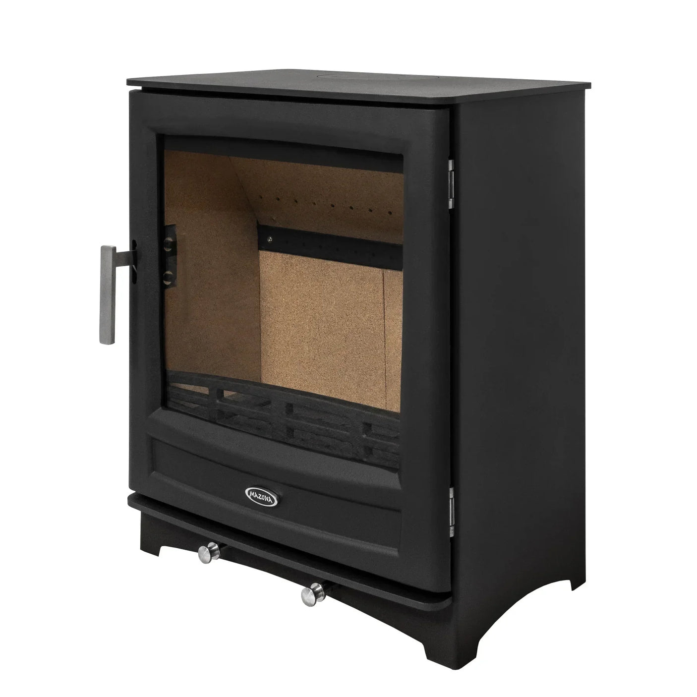Black freestanding wood burning stove with glass door and metal handle, angled side view