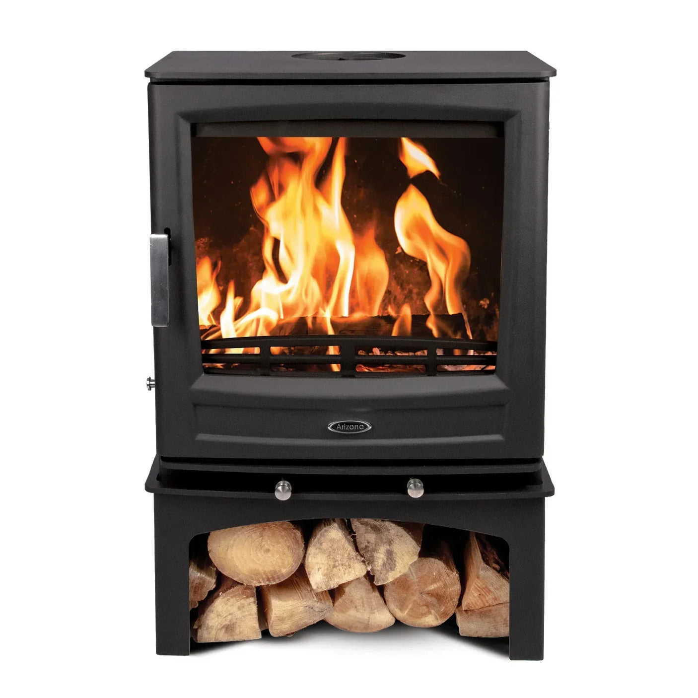 Black wood burning stove with visible flames and log storage compartment underneath