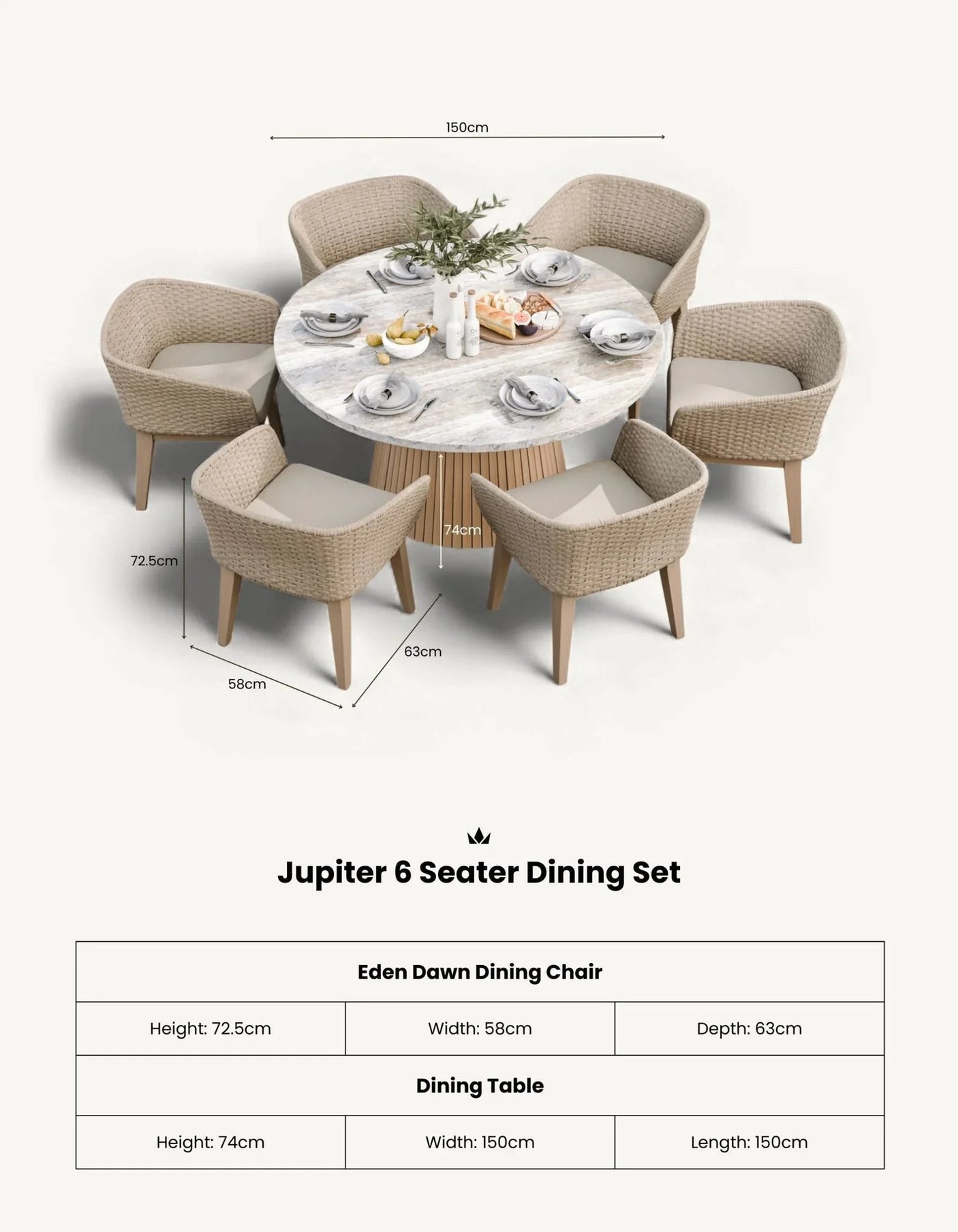 Jupiter 6 seater dining set with round wood table and six wicker Eden Dawn chairs, place settings