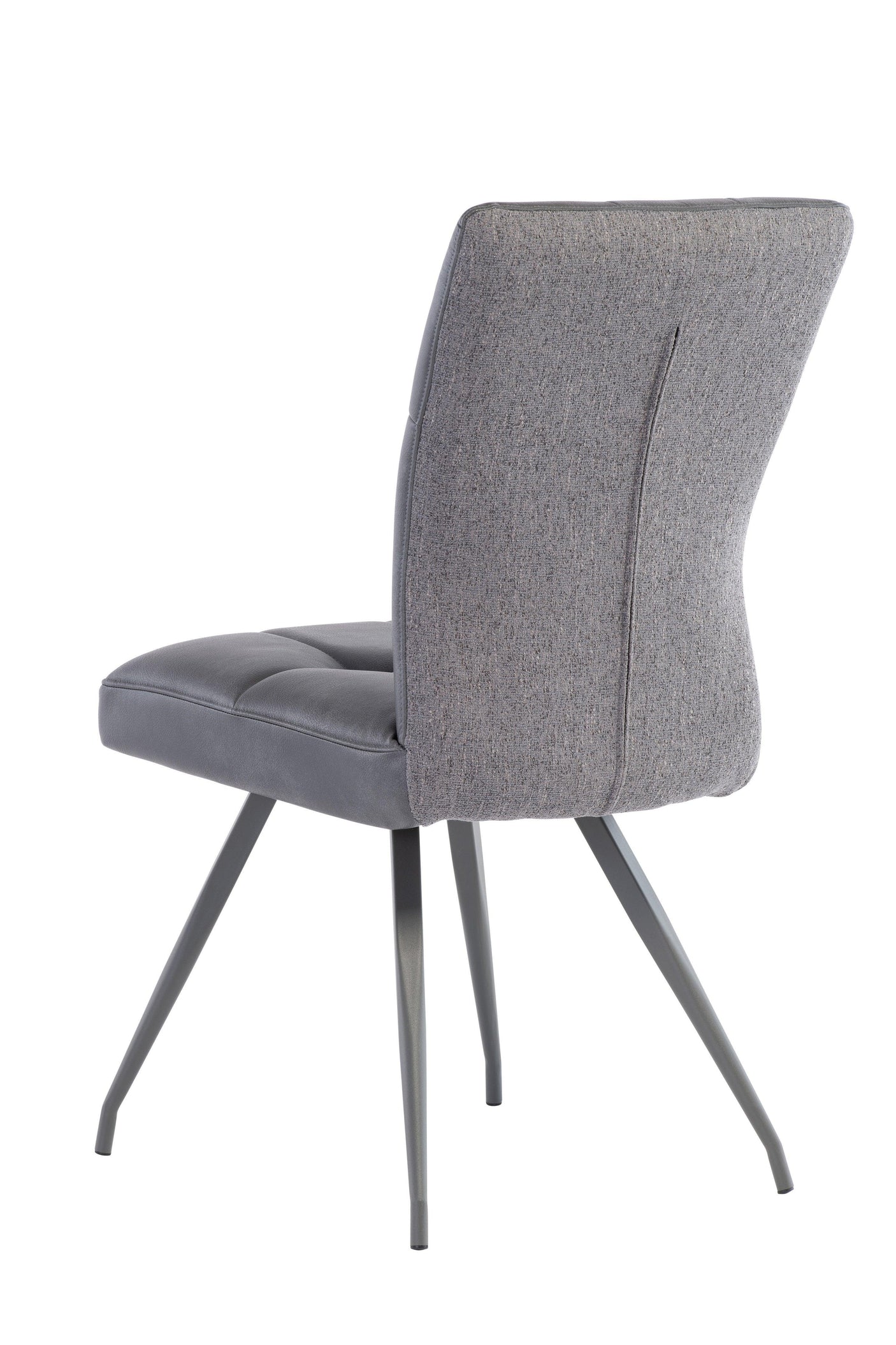 Grey upholstered dining chair with metal legs shown from rear angle