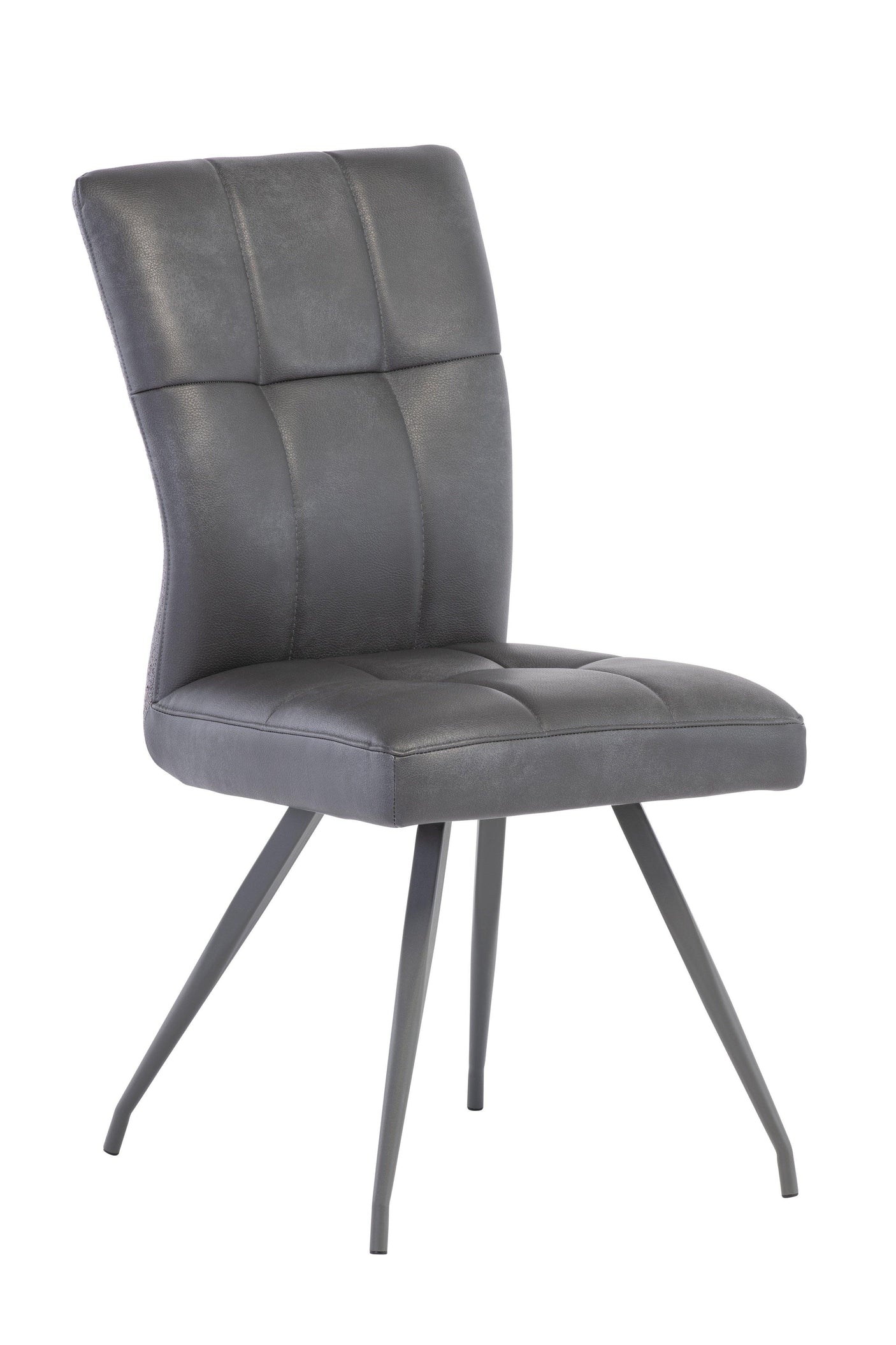Grey faux leather dining chair with quilted backrest and black angled metal legs