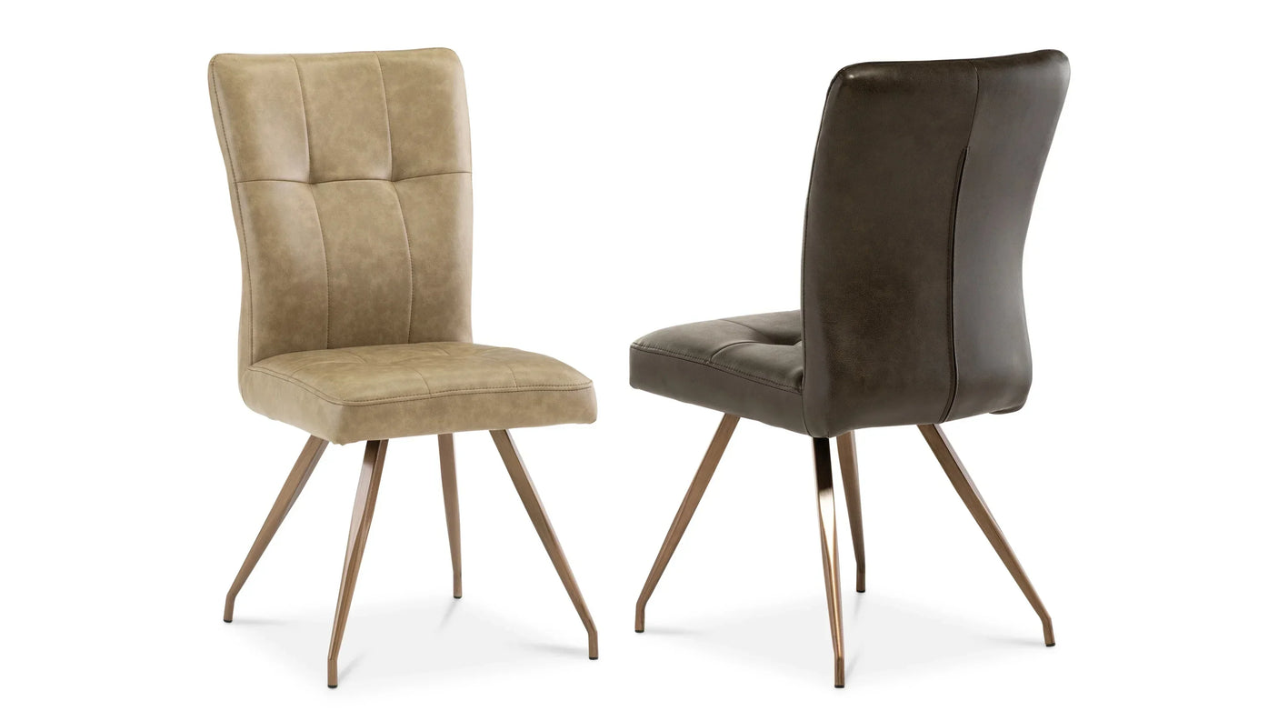 Set of two upholstered dining chairs with angled metal legs, front and back view