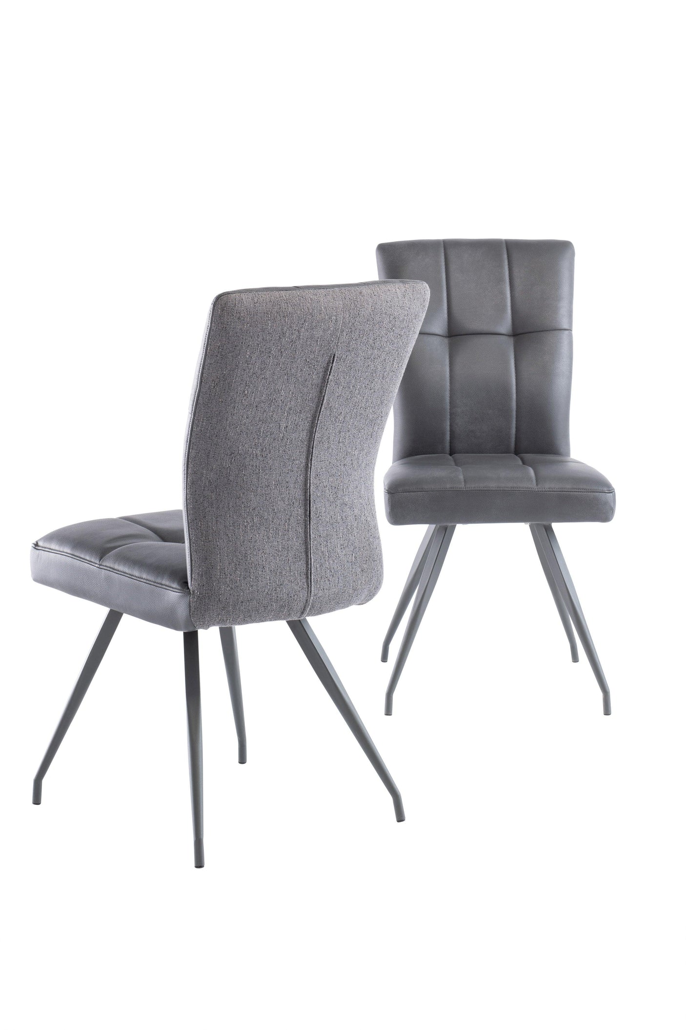 Grey fabric dining chairs with padded seat, metal legs, high back and stitched detail