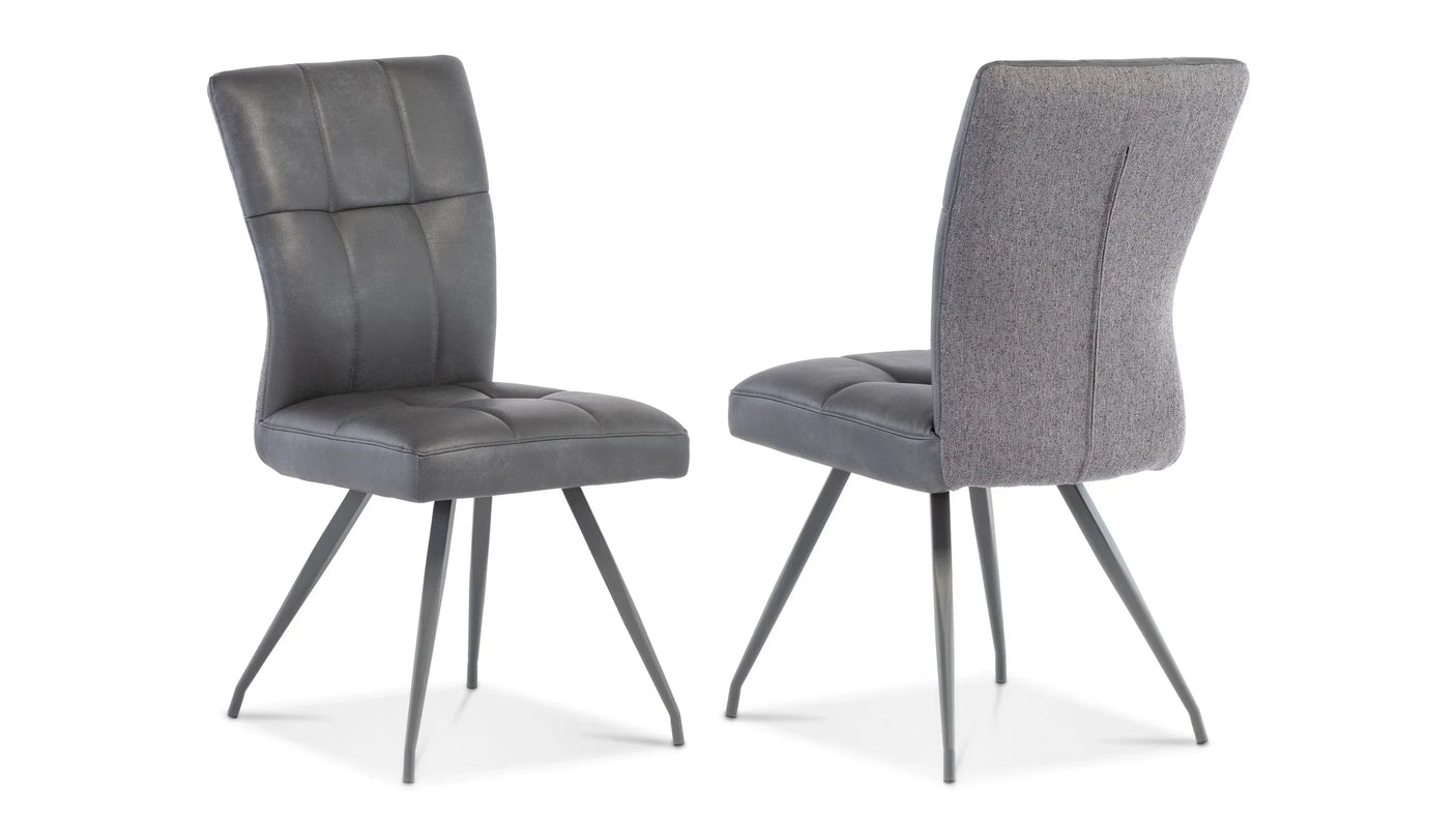 Grey upholstered dining chairs with metal legs, front and rear view