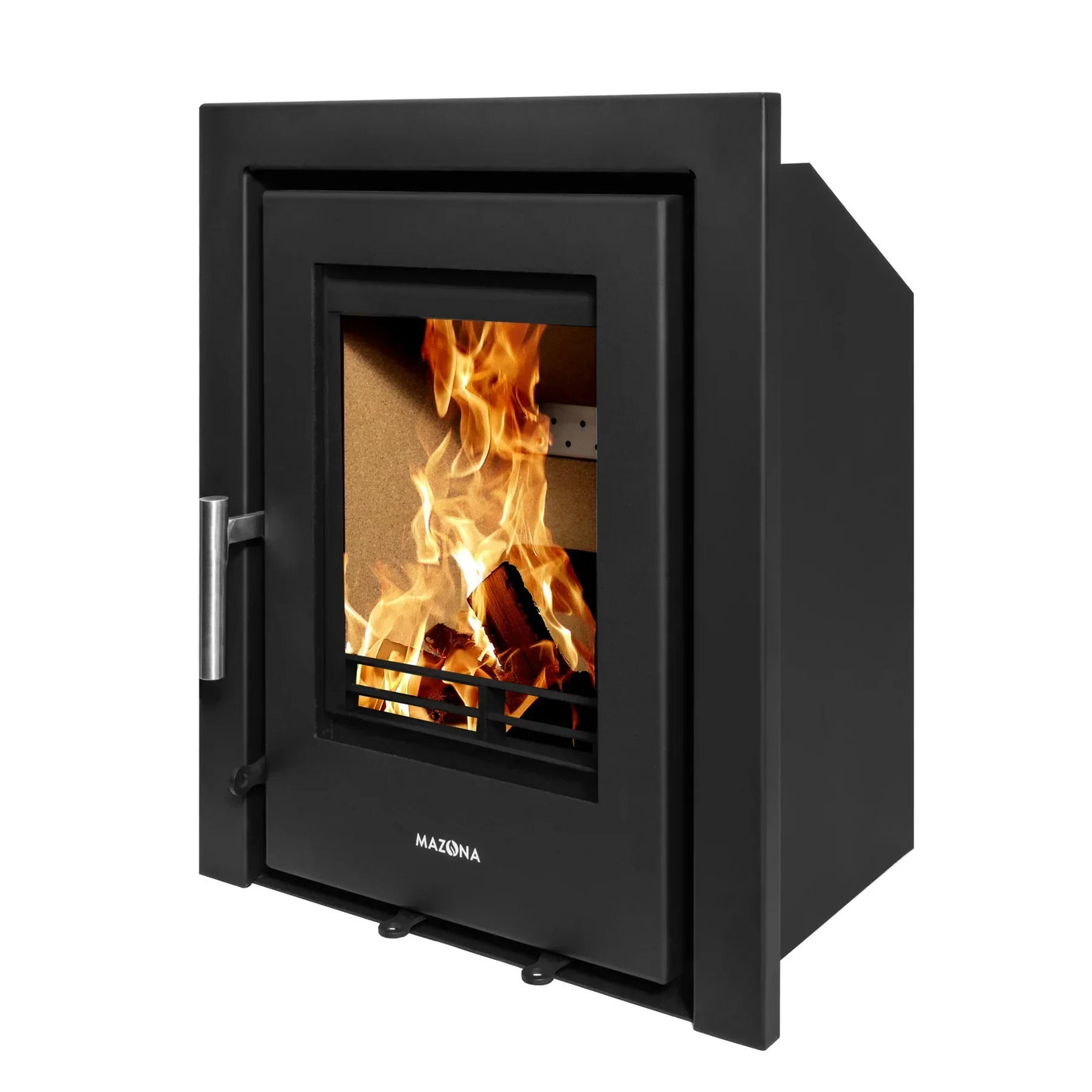 Black wood burning stove with glass door, visible flames, side angle view