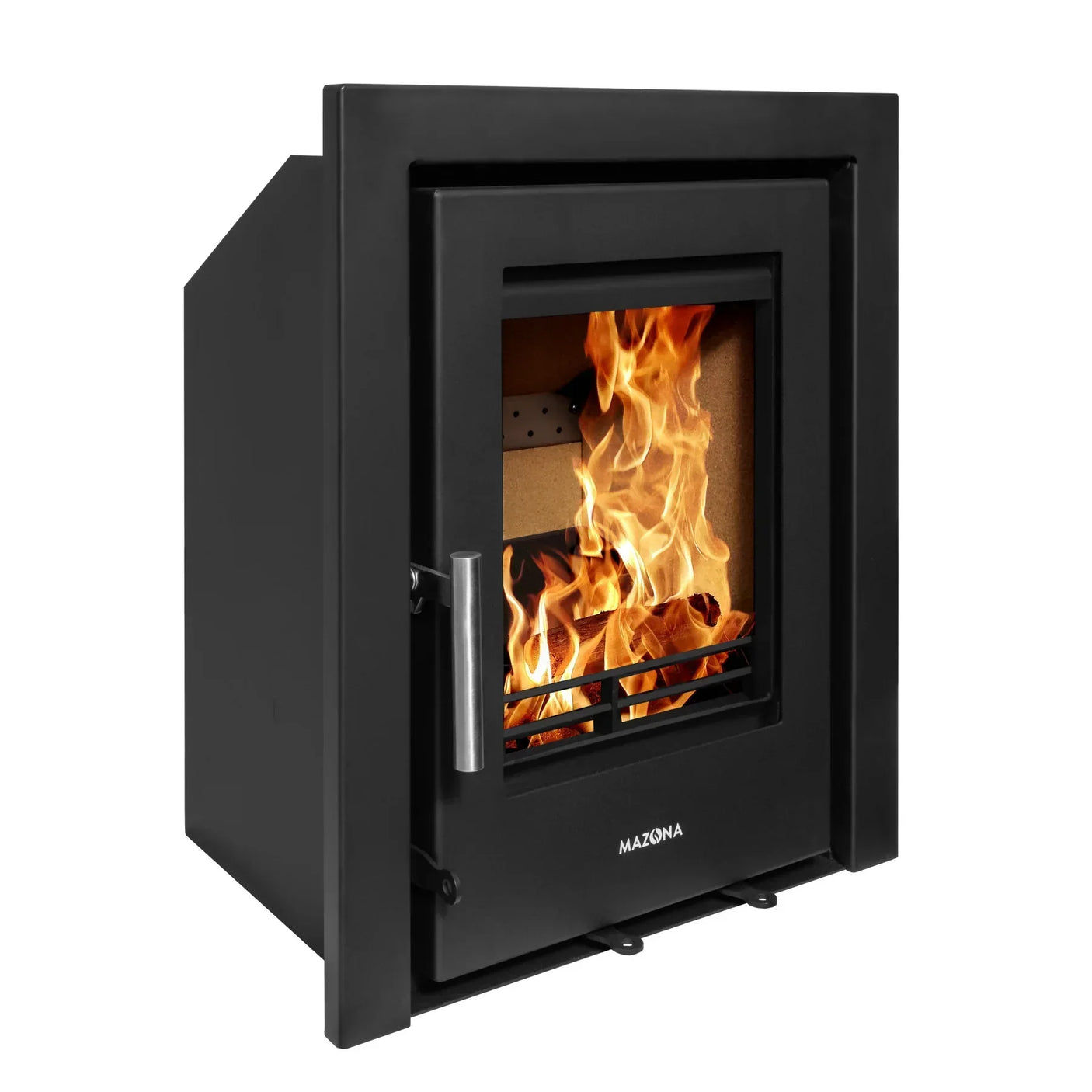 Black wood burning stove with glass door showing active flames, side angle view