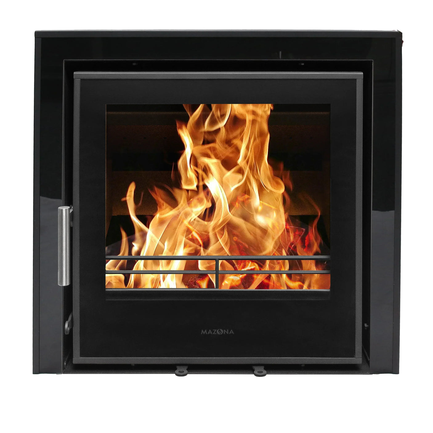 Black glass-fronted wood burning stove with flames visible through large viewing window