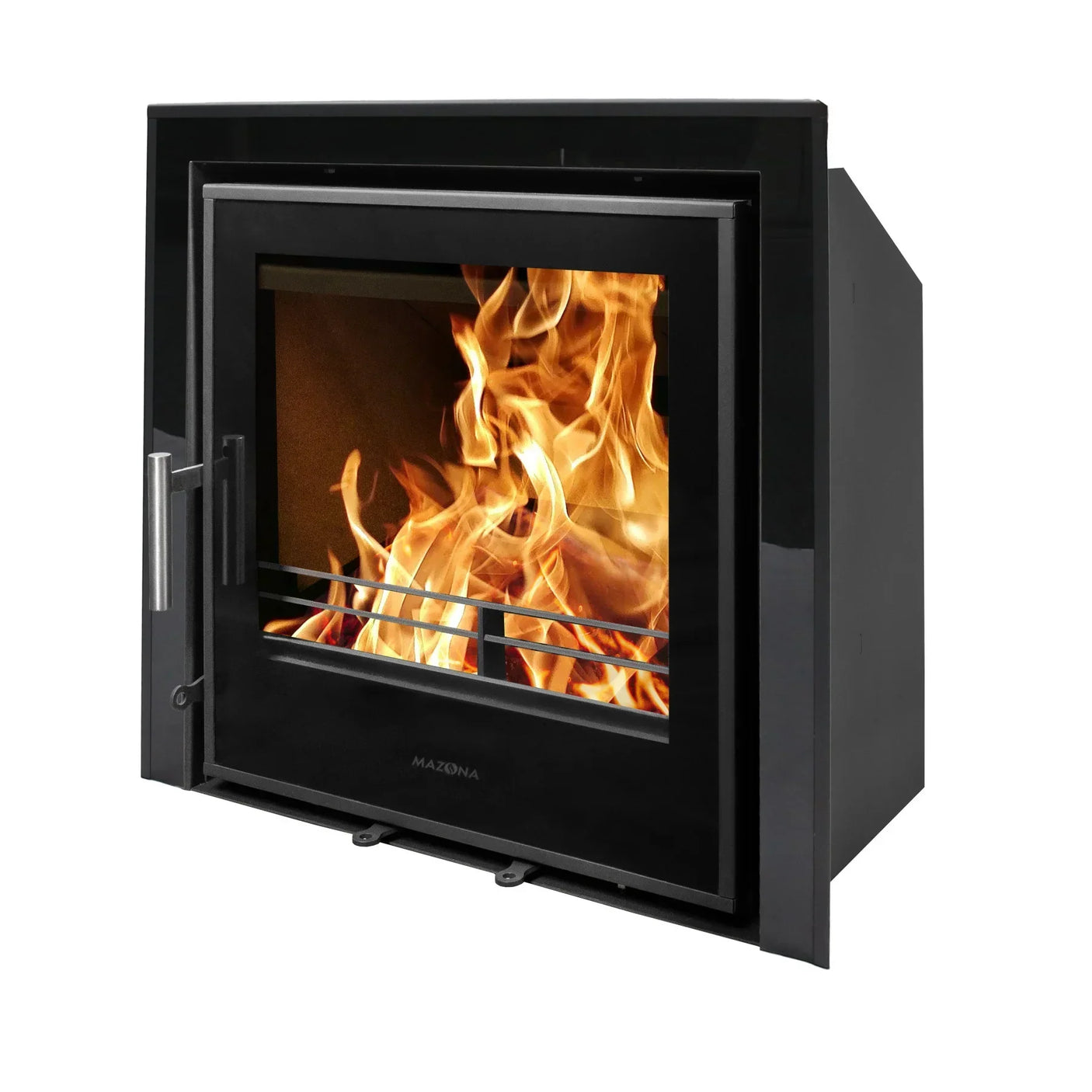 Black glass-fronted wood burning stove with visible flames, three-sided trim, angled view