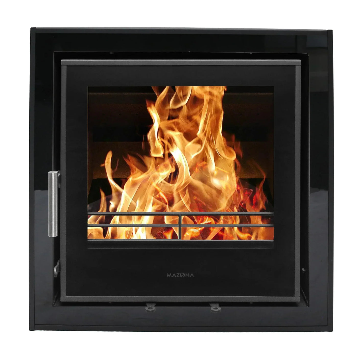 Black glass multi-fuel stove with burning fire, square front panel and side handle